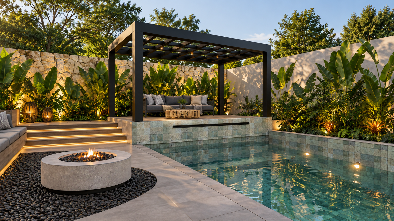 Área externa com piscina, pergolado, sofá e jardim para descansar