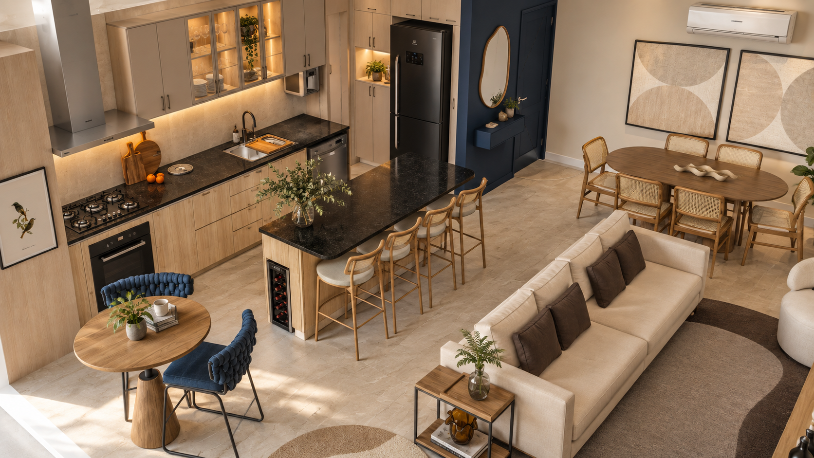 Cozinha, sala de jantar e estar integrados, com marcenaria clara e detalhes em azul