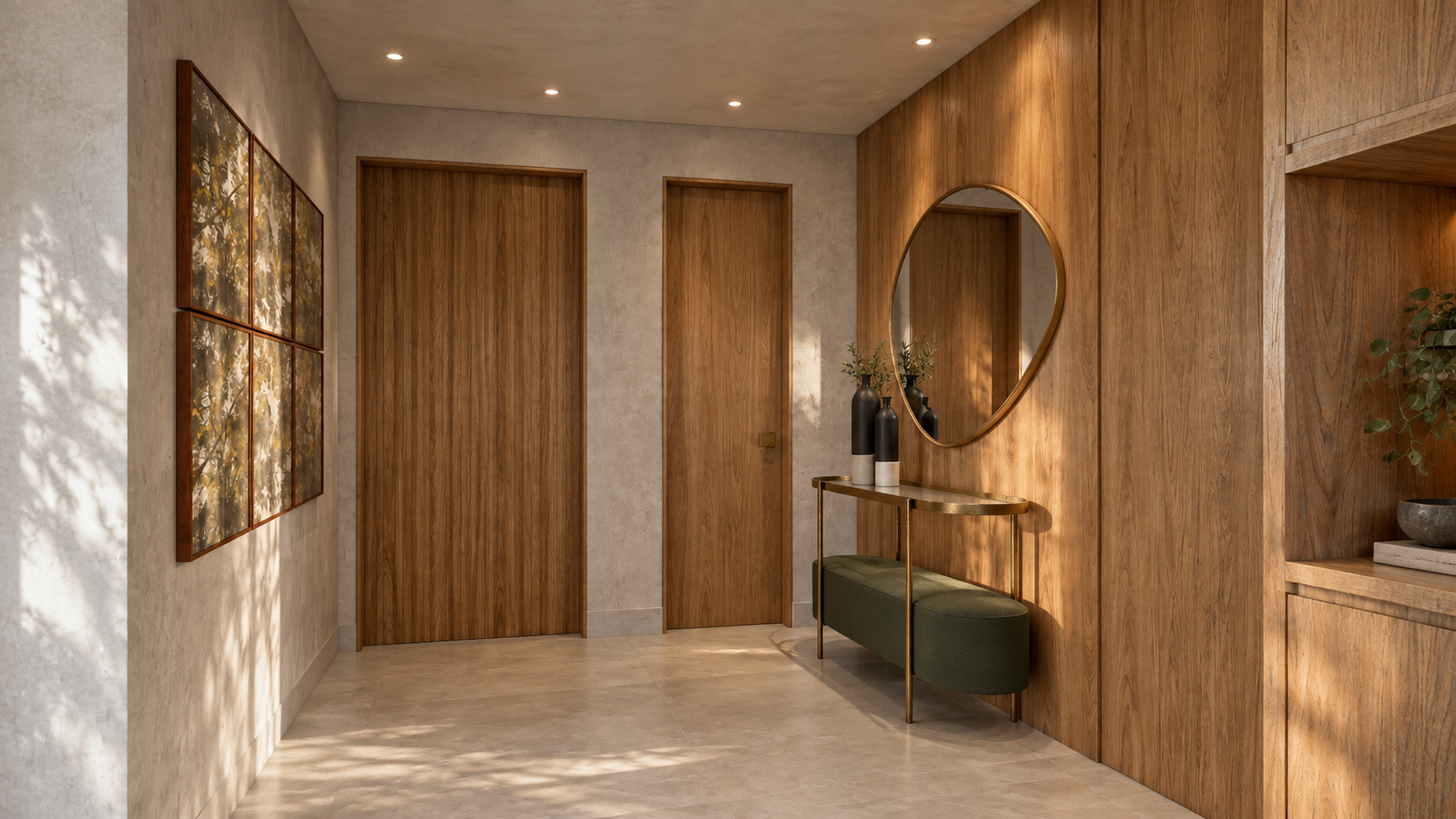 Hall com painel de madeira, espelho e banco verde iluminado pela luz natural
